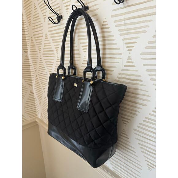 Burberry Prosum Quilted Nylon Black Leather Gold Hardware Tote - Picture 2 of 12